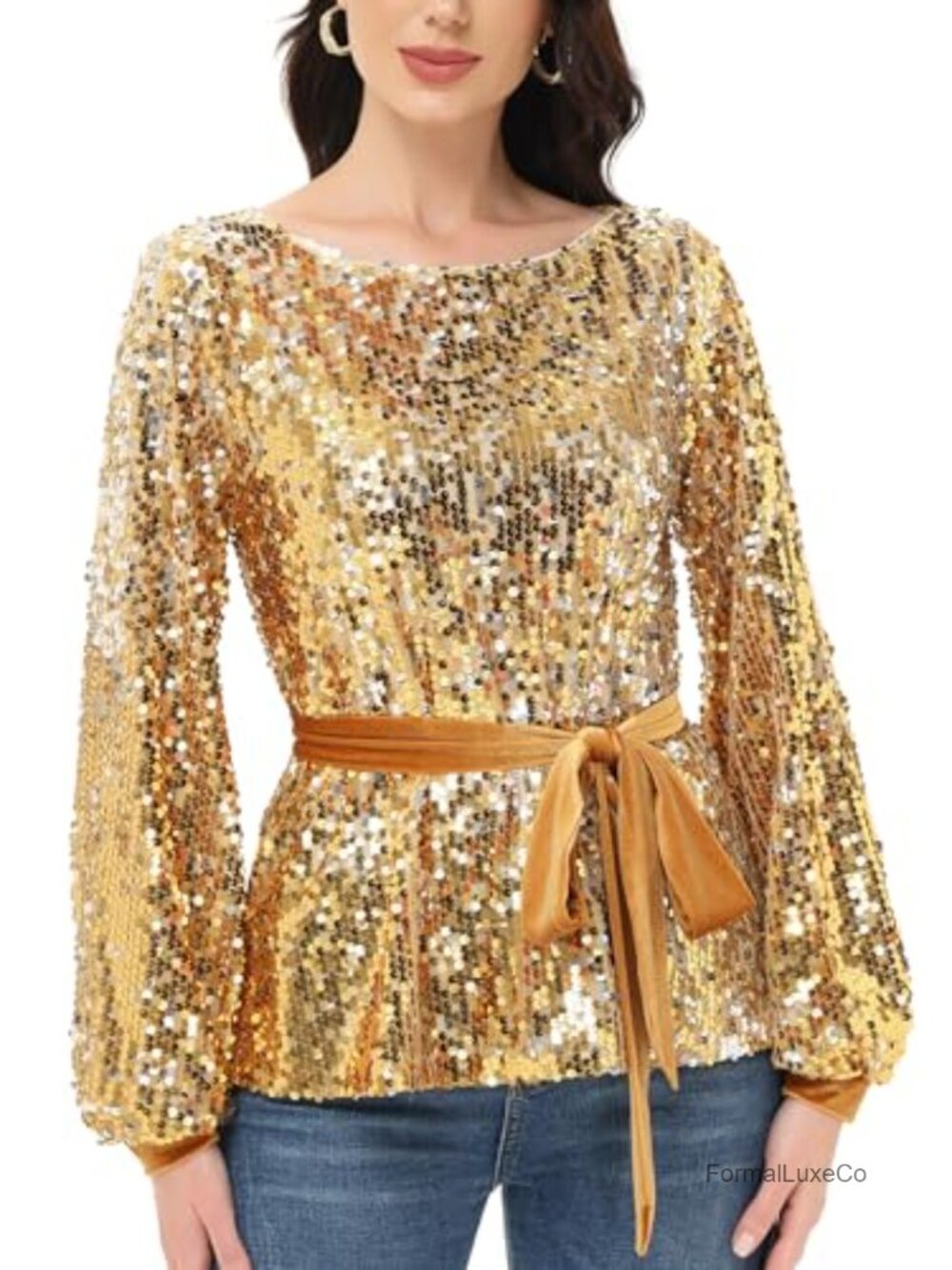 Sequin Long Sleeve Crew Neck Pullover with Detachable Belt